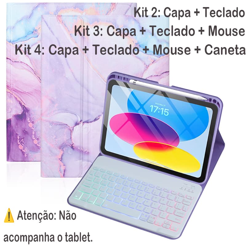 Capa Colorida Para iPad 11 A16 / 10ª/Redmi Pad 2/pad Se11/Samsung S10 FE/S10 Lite+ ABNT2 Teclado Retroiluminado  + Mouse