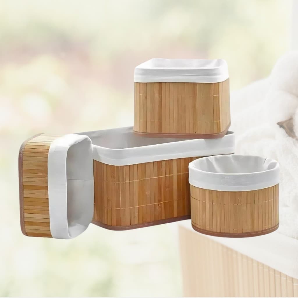 Conjunto 4 Cestos Organizadores Multiuso em Bambu Natural – Quartos Cosméticos, Banheiro Roupas