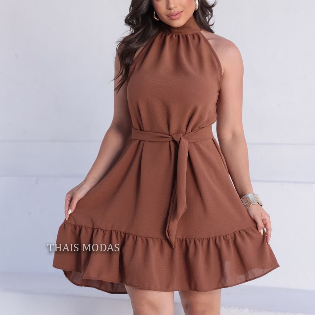 Vestido Feminino Curto Duna com Amarração Caimento Soltinho Gola Halter Soltinho Tendência Gringa