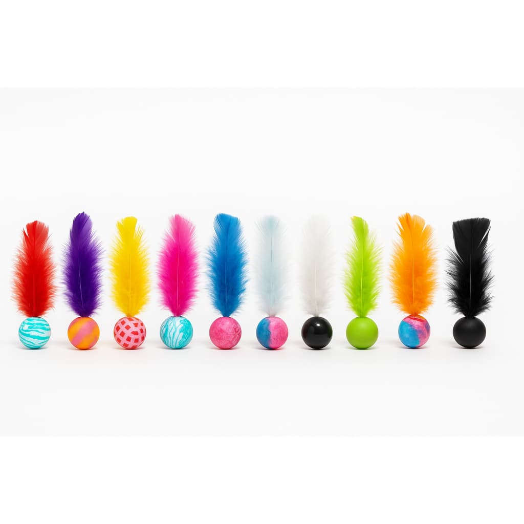 Kit 10 Bolinhas Interativas para Gatos Silicone Colorido com Penas Brinquedo Antiestresse  Exercício