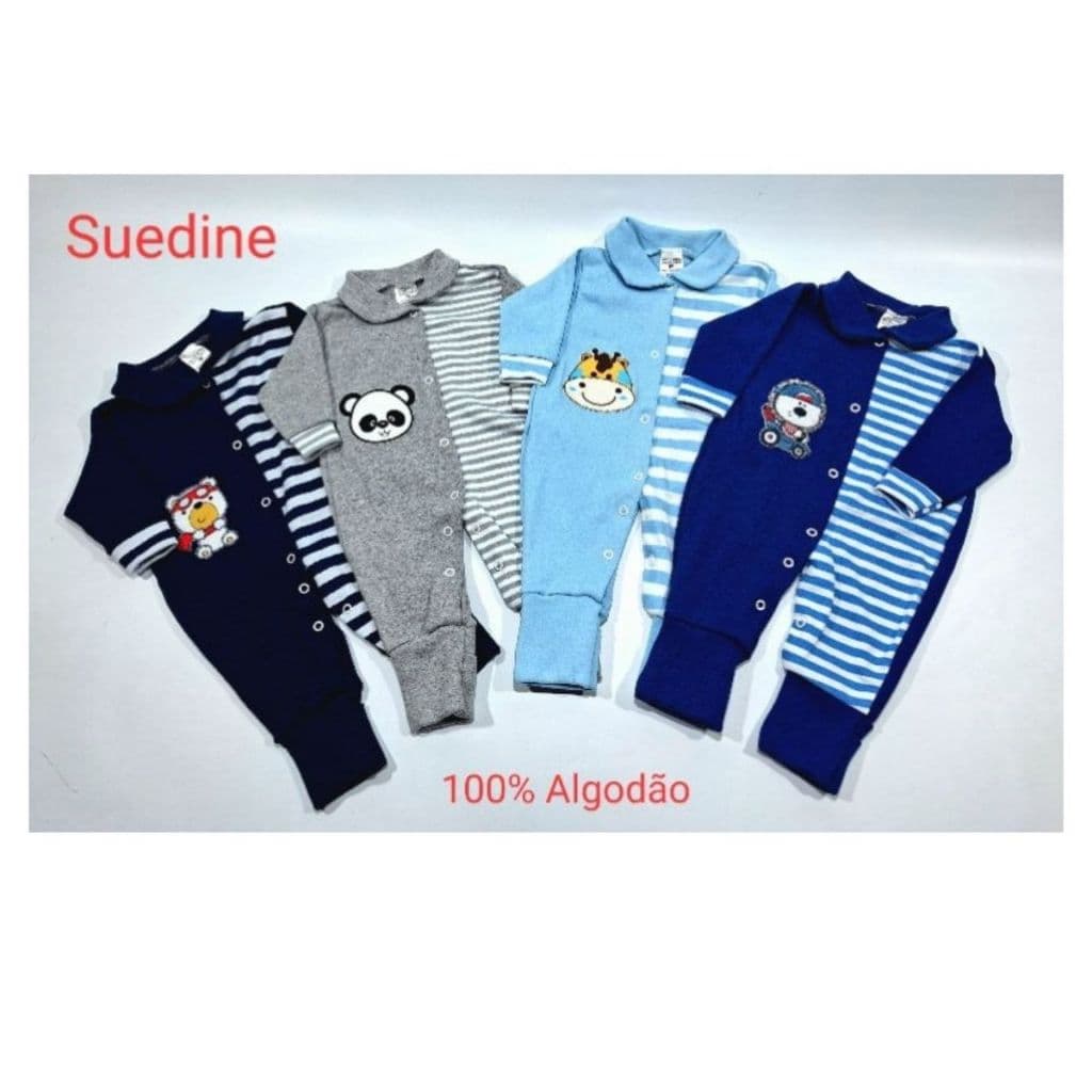 Macacão bebê suedine com detalhe listrado- Pé Reversivel - Kit Com 4 PÇS MENINO MENINA