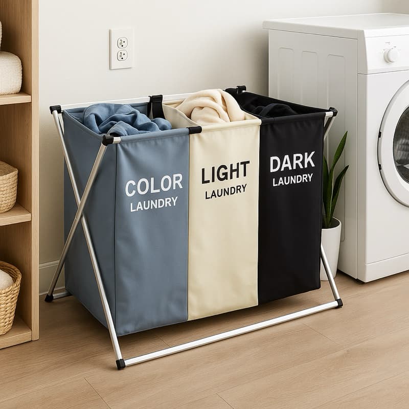 Cesto de Roupas Multiuso 3 Compartimentos Organizador Dobrável Lavanderia Banheiro Quarto Grande Capacidade Resistente