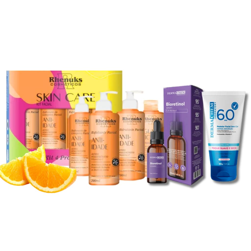 Kit Skincare Vitamina C Anti Idade Rhenuks + Sérum Bioretiol + Protetor Solar Facial FPS60 Dermachem