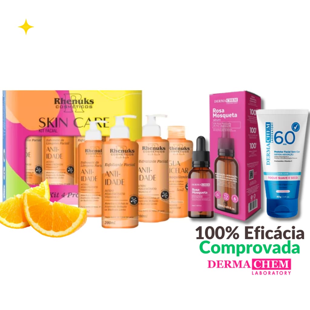 Kit Skincare Vitamina C Anti Idade Rhenuks+Sérum Rosa Mosqueta+Protetor Solar Facial FPS60 Dermachem