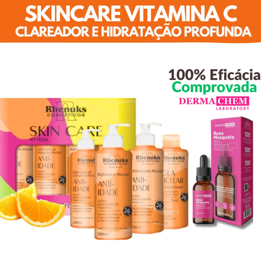 Kit Skincare Vitamina C Anti Idade Clareador Rhenuks + Sérum Rosa Mosqueta Dermachem