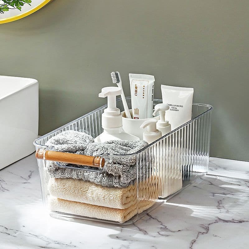 Cesto Organizador Acrílico com Alça de Bambu 🧺 3 Tamanhos – Cozinha, Banheiro, Multiuso-Clink