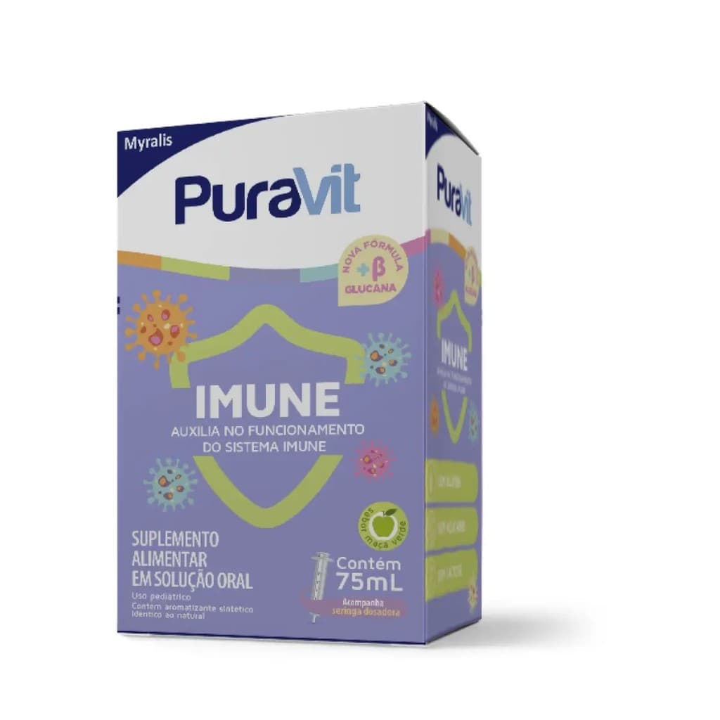 Puravit Imune Myralis 75ml Sabor Maca Verde Suplemento Alimentar Beta Glucana Vitaminas Reforco Imunidade Infantil Origi
