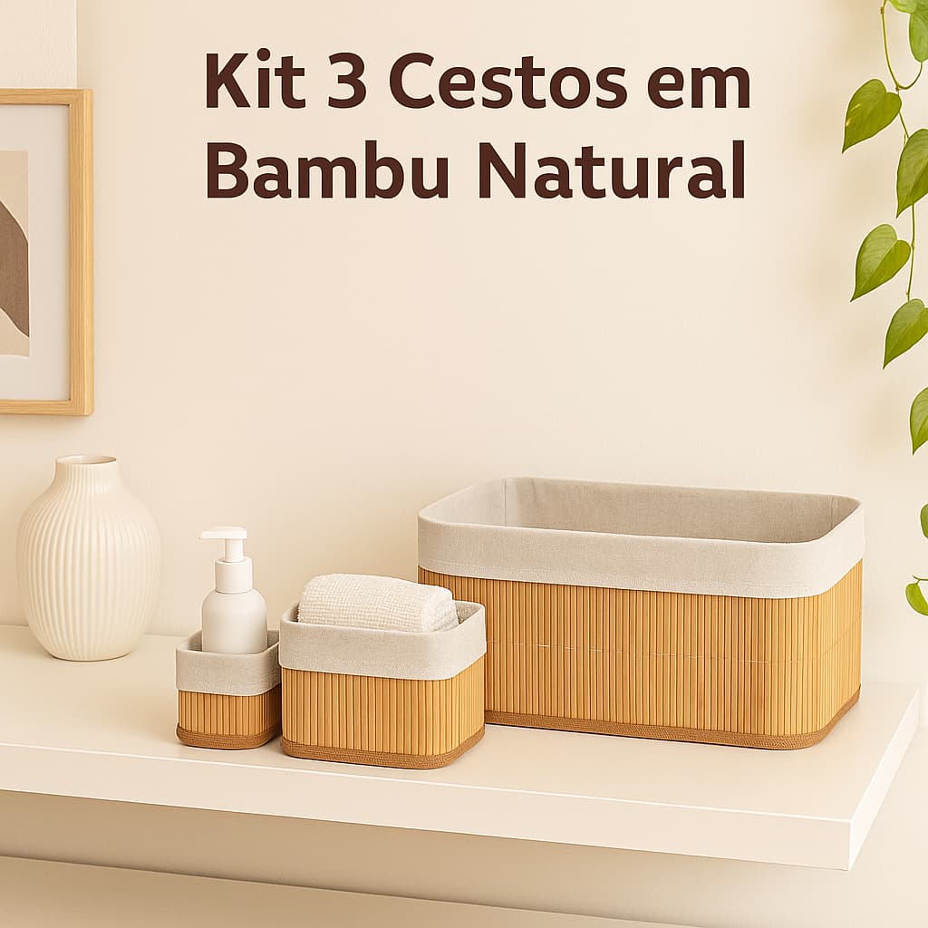 Kit 3 Cestos Organizadores Multiuso em Bambu Natural para Quarto, Banheiro e Closet