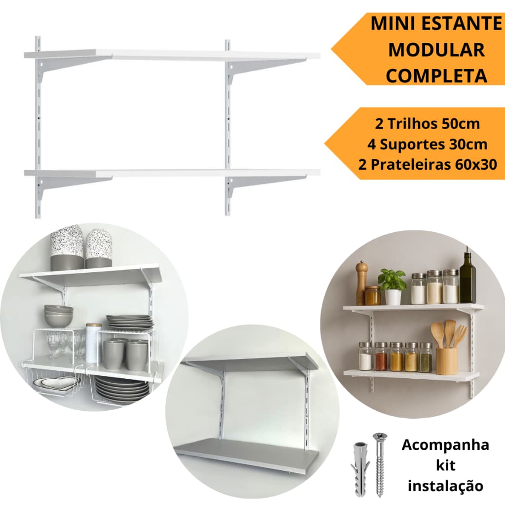 Kit Estante Prateleira Aço MDF 60x30cm Trilho Cremalheira e Suporte Parede Closet Completo