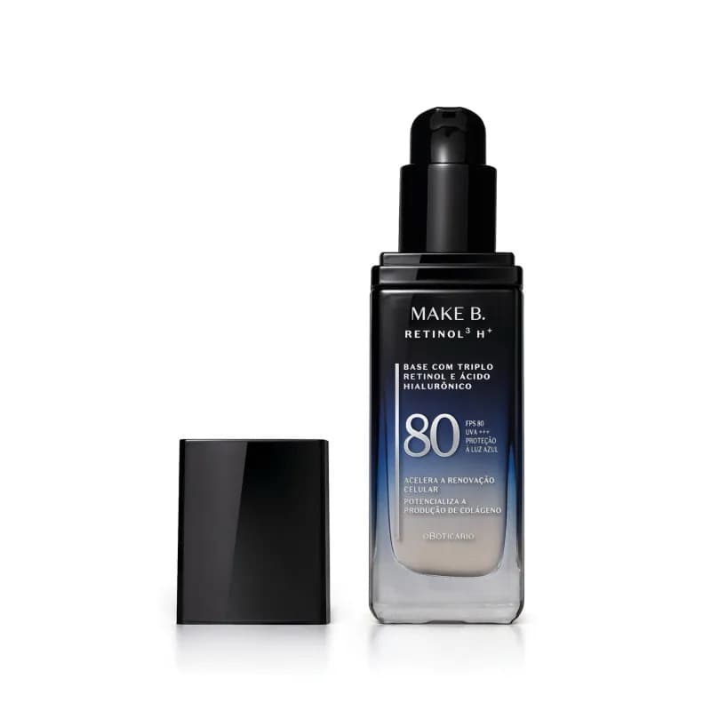 Lançamento Base Líquida FPS80 Make B. Retinol³ H+ 26g Cores O Boticario