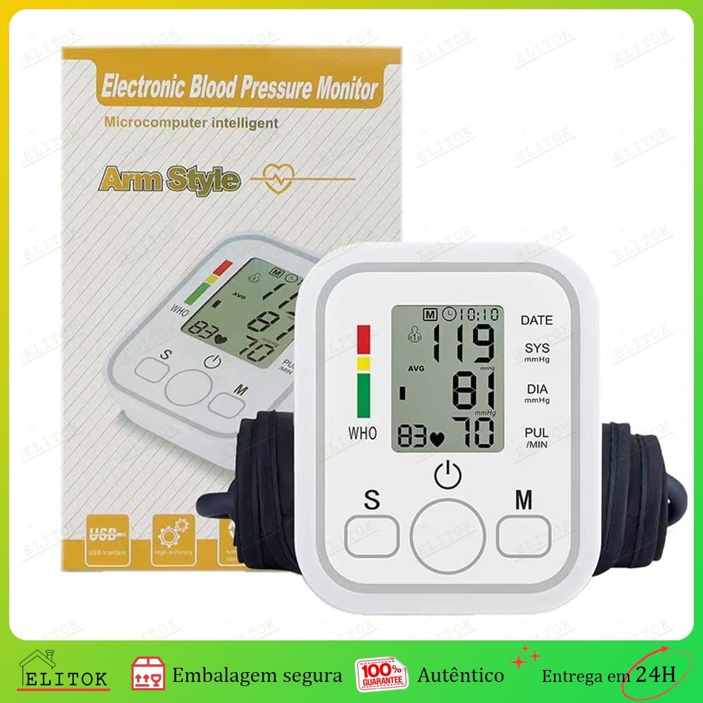 Aparelho de Pressão Digital de Braço Automático Medidor Arterial Inteligente Profissional Portátil