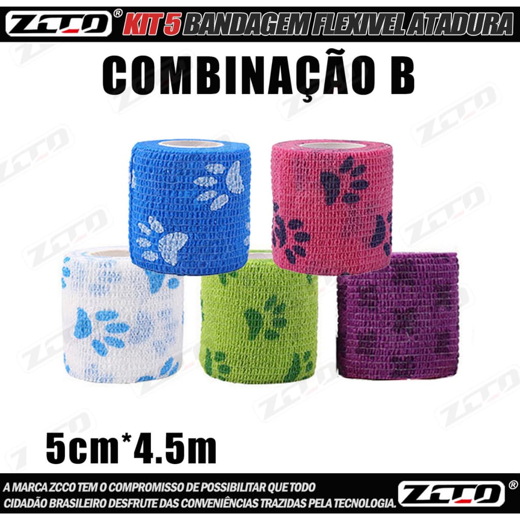 Kit 5 Bandagem Elástica Flexível 5cmx4.5m Várias Cores P/pet