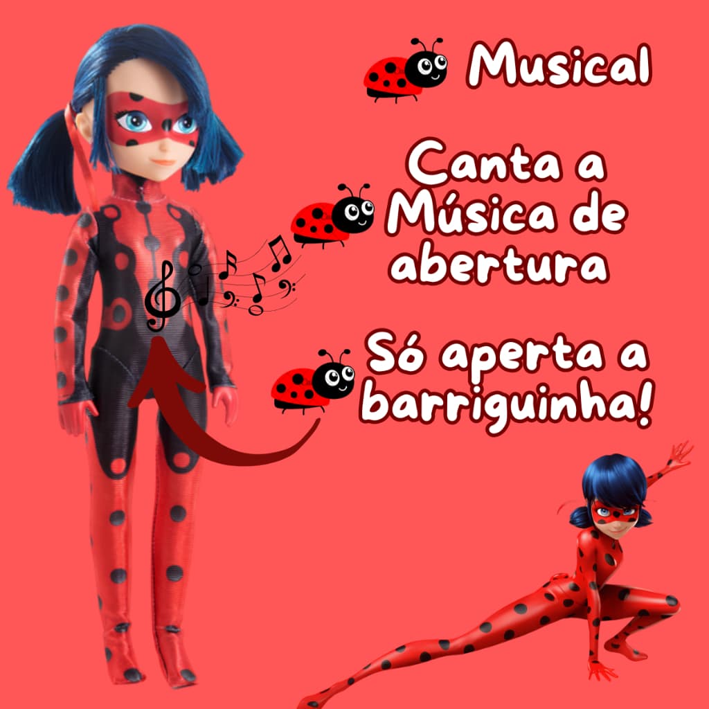 MEP LADYBUG 45cm Boneca Musical MIRACULOUS original Aperta barriga e canta Boneca Articulada Vinil Lady Bug Novabrink