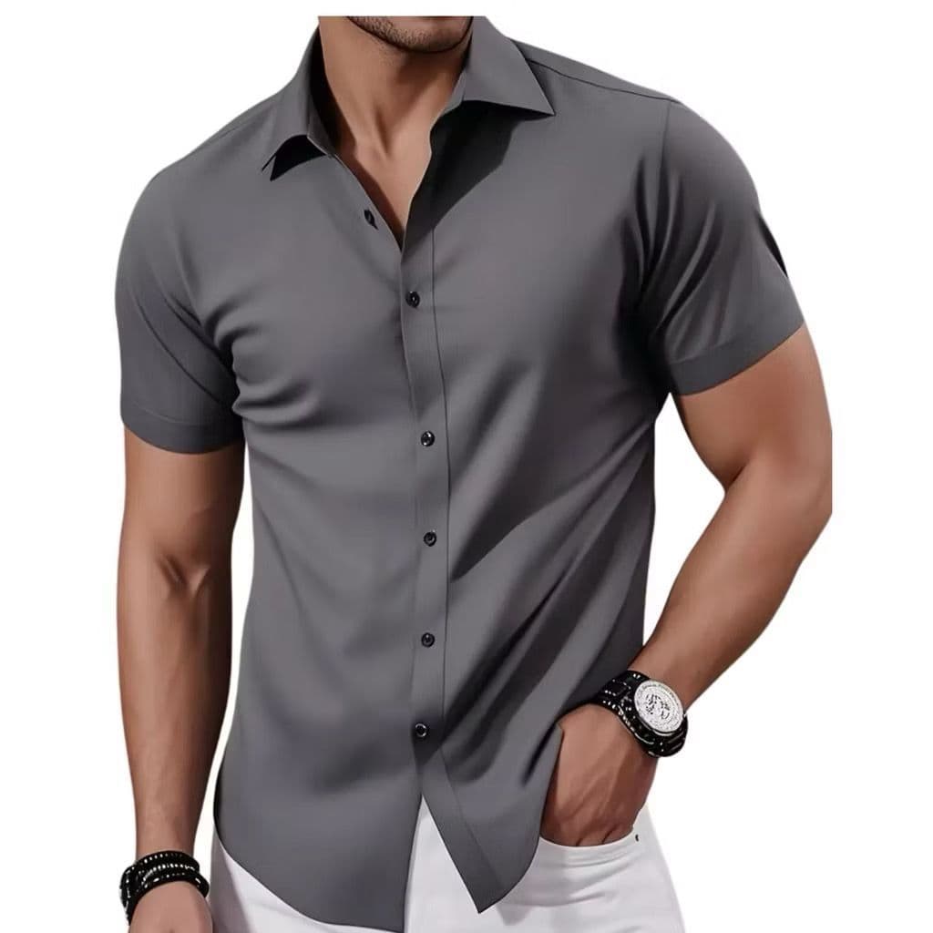 Camisa Social Dry Slim Fit Masculina com Elastano Manga Curta Tecido Gelado