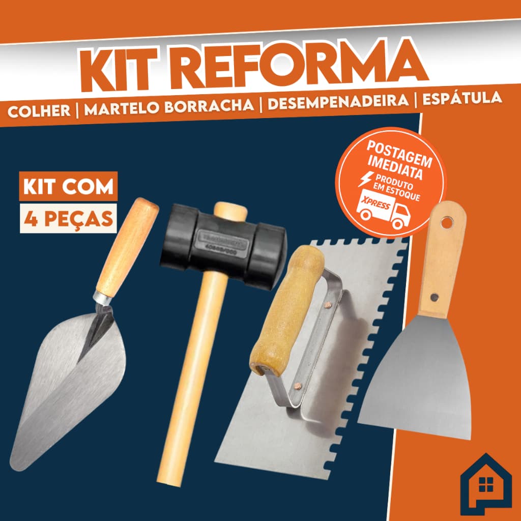 Kit Pedreiro Completo | Desempenadeira Dentada + Colher + Martelo Borracha + Espátula Aço