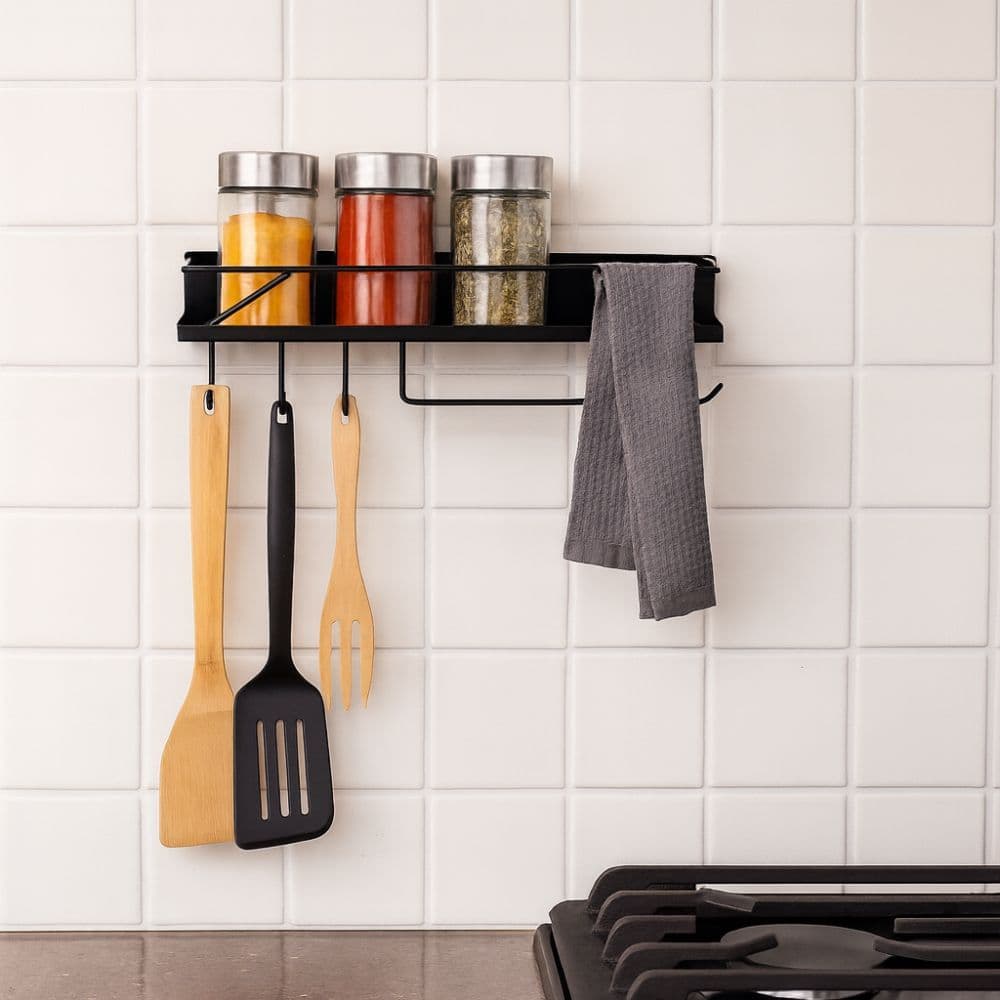 Suporte de Parede Cozinha Prateleira Porta Temperos e Utensilios Com Ganchos