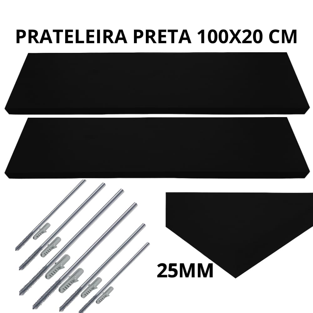 Prateleiras MDF Preto 100x20cm Espessura 25mm Suporte Invisível Prateleira de Parede Luxo Envio Imediato