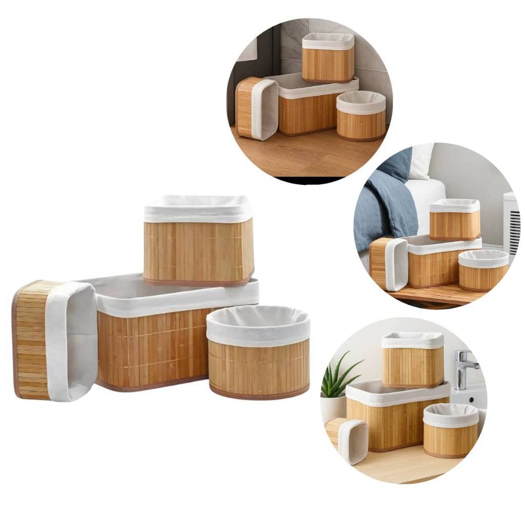 Conjunto 4 Cestos Organizadores em Bambu Natural – Multiuso para Casa, Banheiro e Escritório