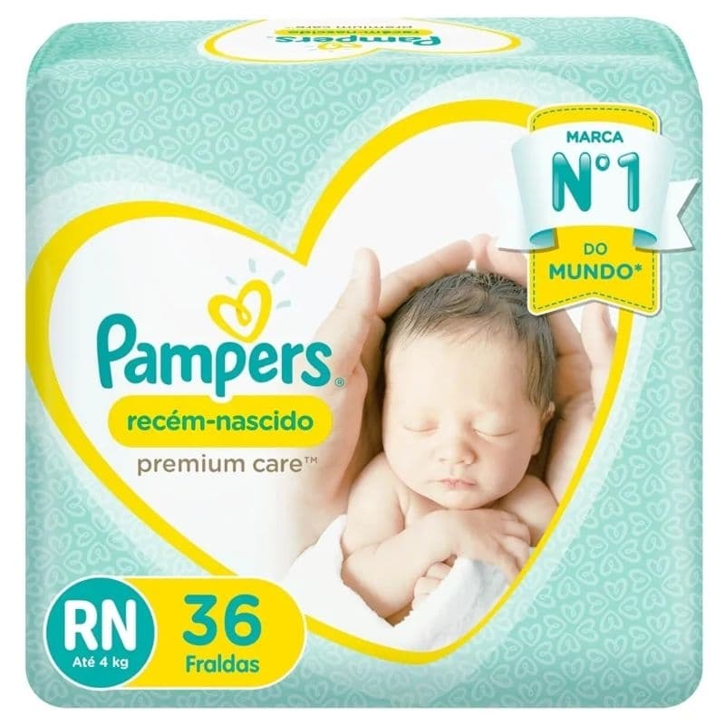 Fralda descartável PAMPERS Premium care RN (Recém Nascido até 4kg) pacote mega com 36 fraldas