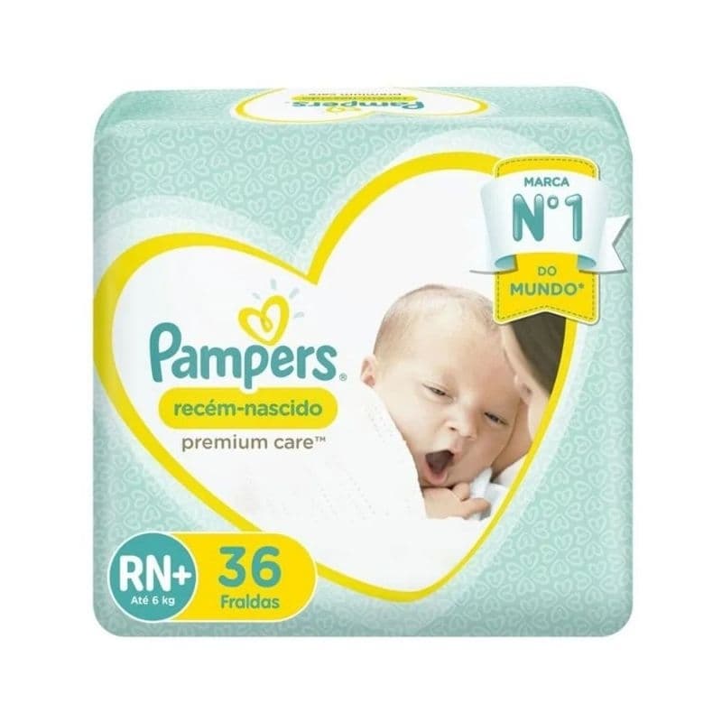 Fralda descartável PAMPERS premium care RN+ (Recém Nascido até 6kg) pacote com 36 fraldas