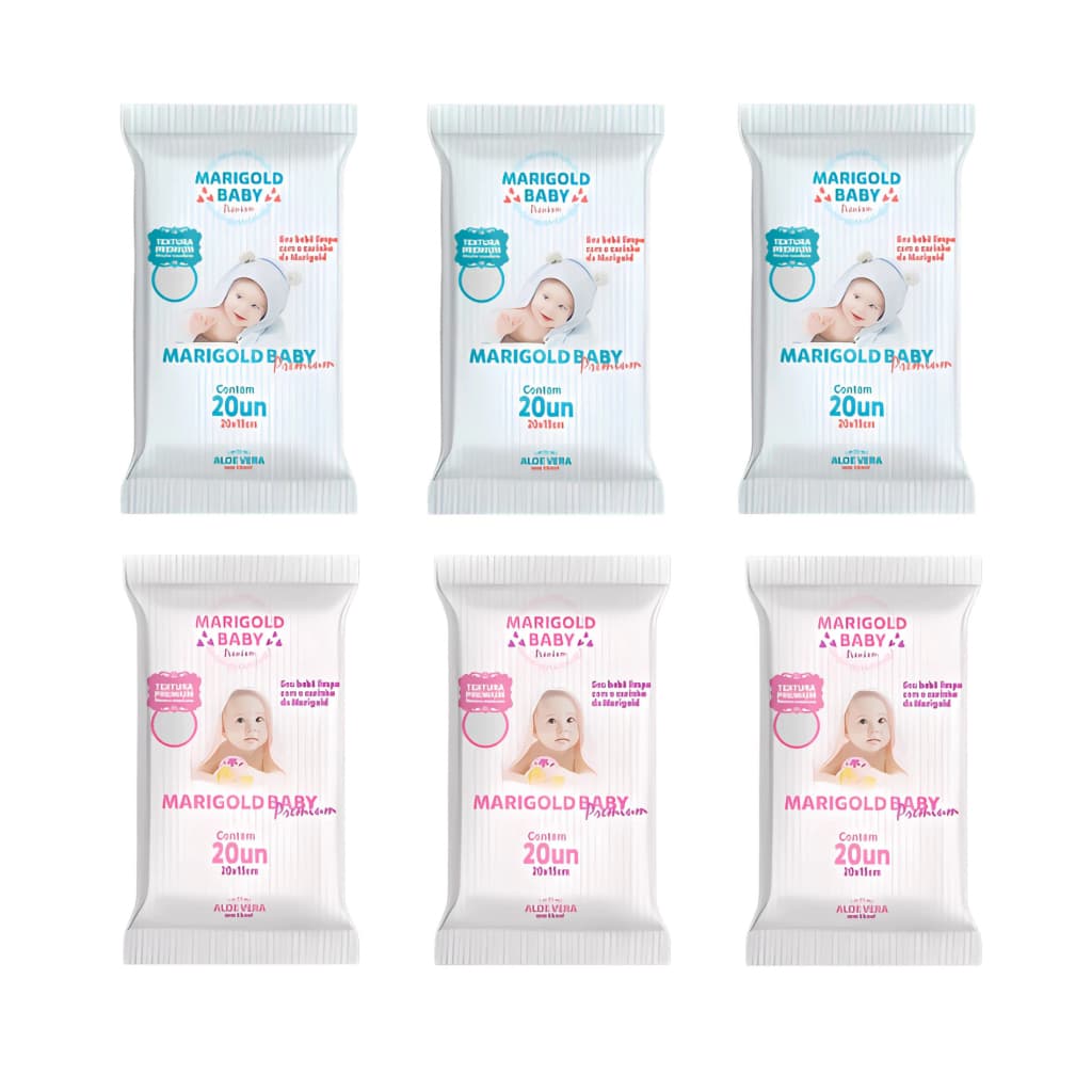 Kit 3 Lenço Umedecido Marigold Pocket Premium Rosa Ou Azul C/ 20un Cada Pacote