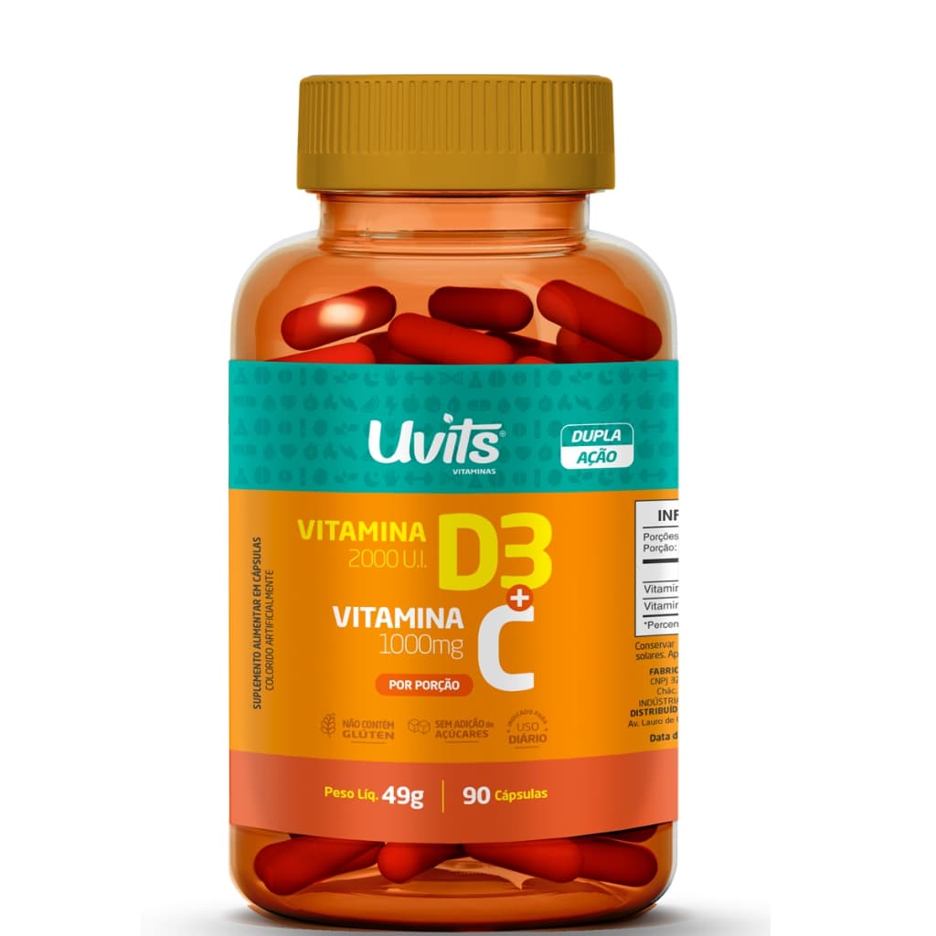 Vitamina D3 2000UI + Vitamina C 1000mg 90 Cápsulas - Uvits