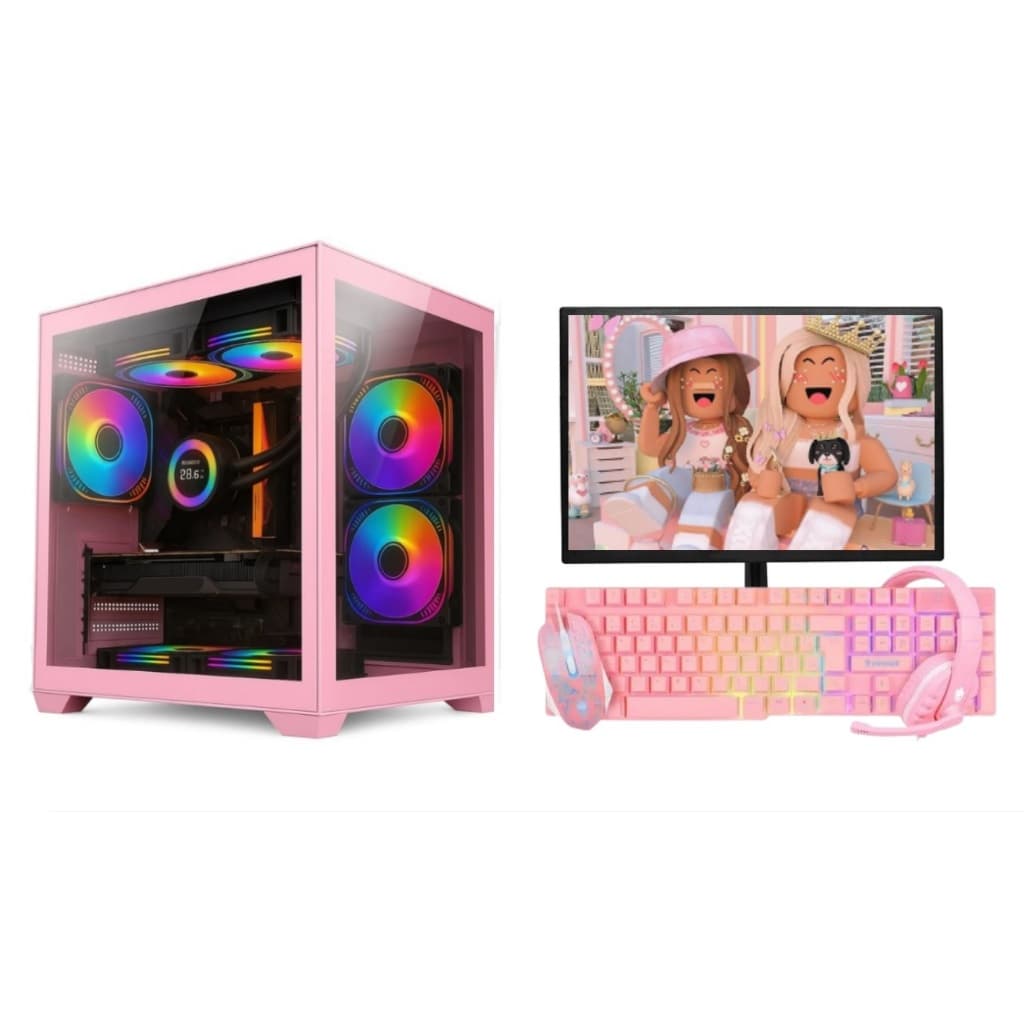 PC Gamer Rosa Pink i5 Placa de vídeo GT 730 Memoria 16GB Monitor Teclado Mouse Fone de ouvido Rosa