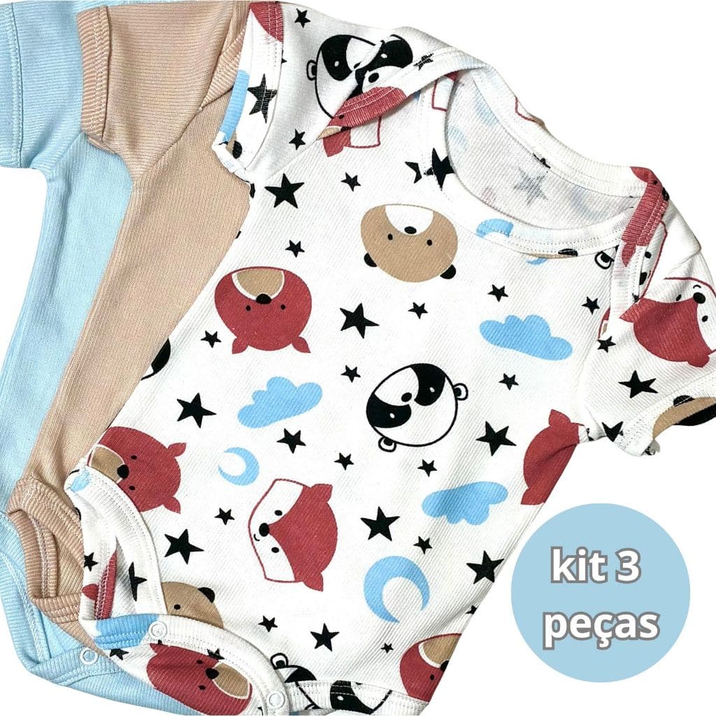 Kit 3 Body Manga Curta Estampado+Liso  Roupa de  Bebê Malha Canelada Algodão Menino Enxoval