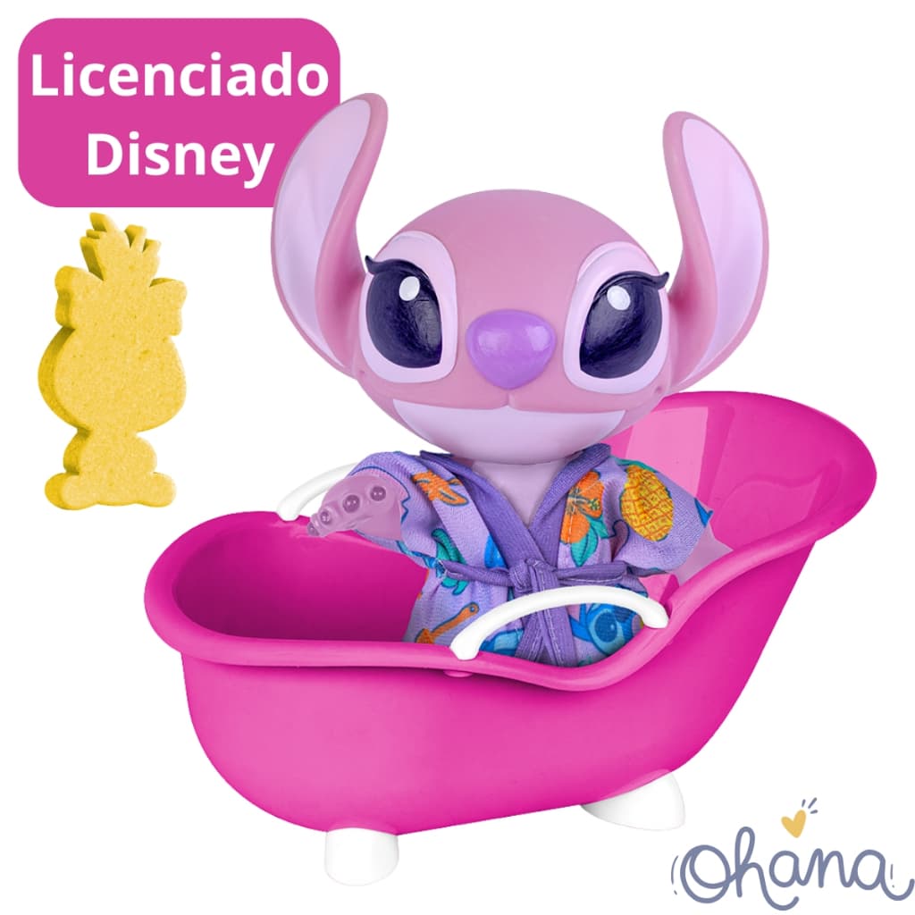 Stitch Rosa Angel Boneca Licenciada Disney Cotiplás Articulada Hora do Banho com Banheira e Esponja