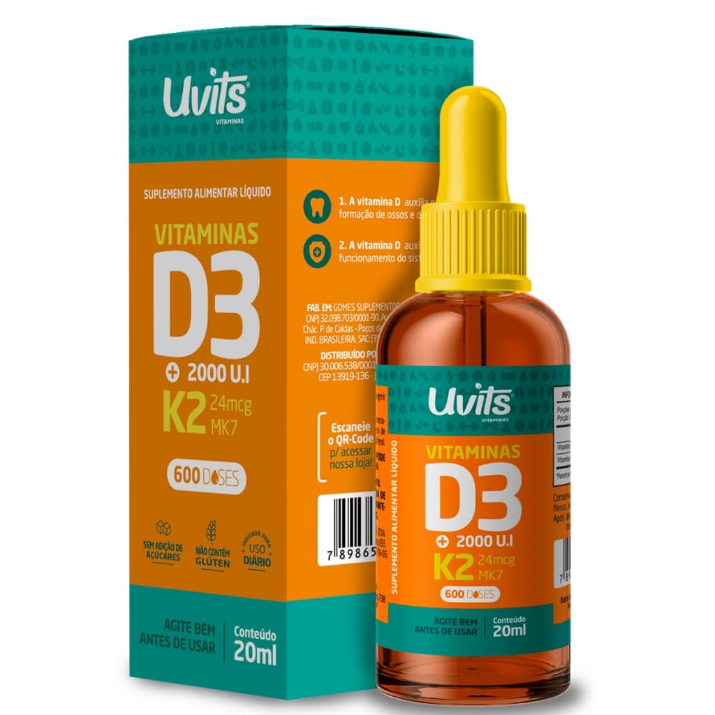 Vitamina D3 Líquida 2000ui + k2 MK7 24mcg 600 doses 20ml - Uvits