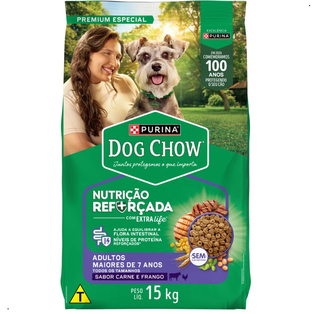 Ração Dog Chow Extra Life 15Kg Ração para Cachorro Adulto 7+ Sênior Sabor Carne Frango Ração Sênior