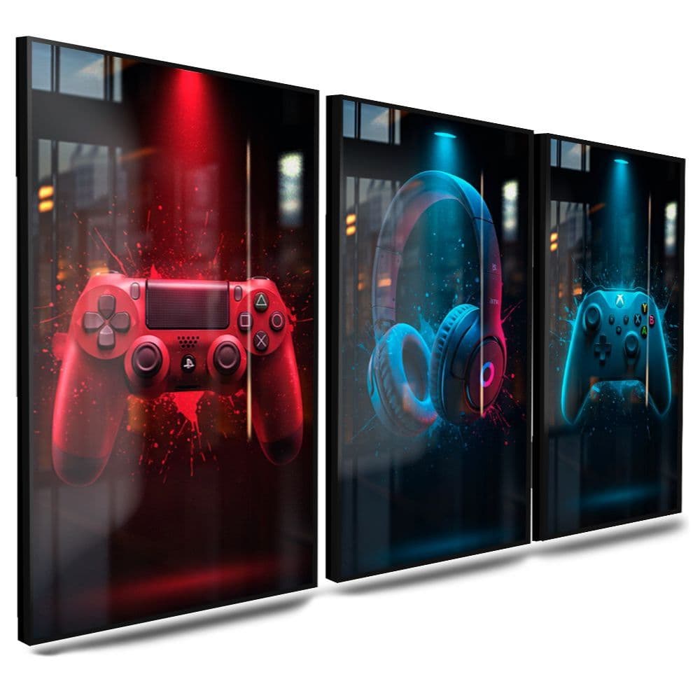 Quadro Decorativo Gamer Moderno 3 Peças Controle de Videogame Fone de Ouvido Headset LED Neon Vermelho Azul Preto Sala Q