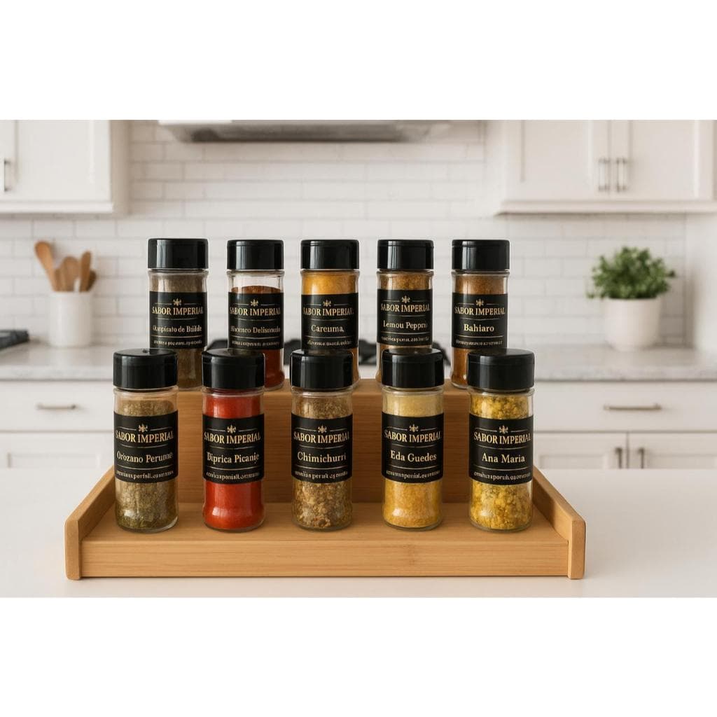 Kit 10 Temperos Condimentos No Pote De 100ml + Suporte Organizador Em Bambu