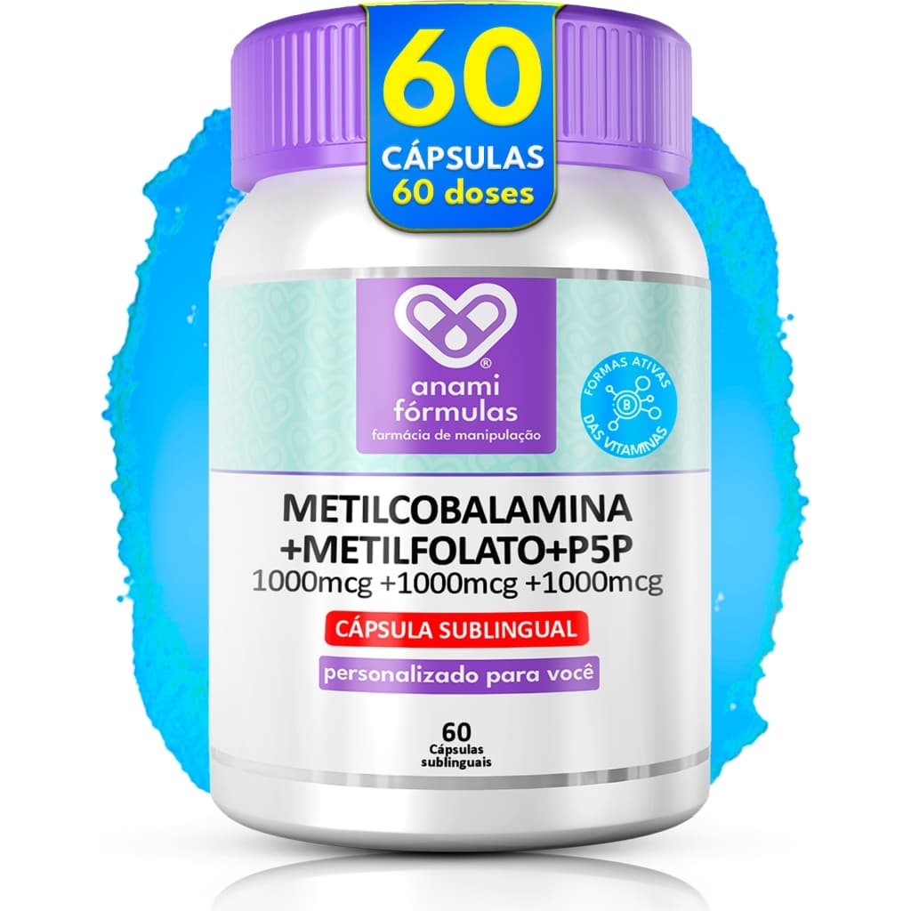 VITAMINA B12 METILCOBALAMINA 1000mcg + B6 P5P + B9 Metilfolato – Sublingual – Sem Glúten – 60 Cápsulas – Anami