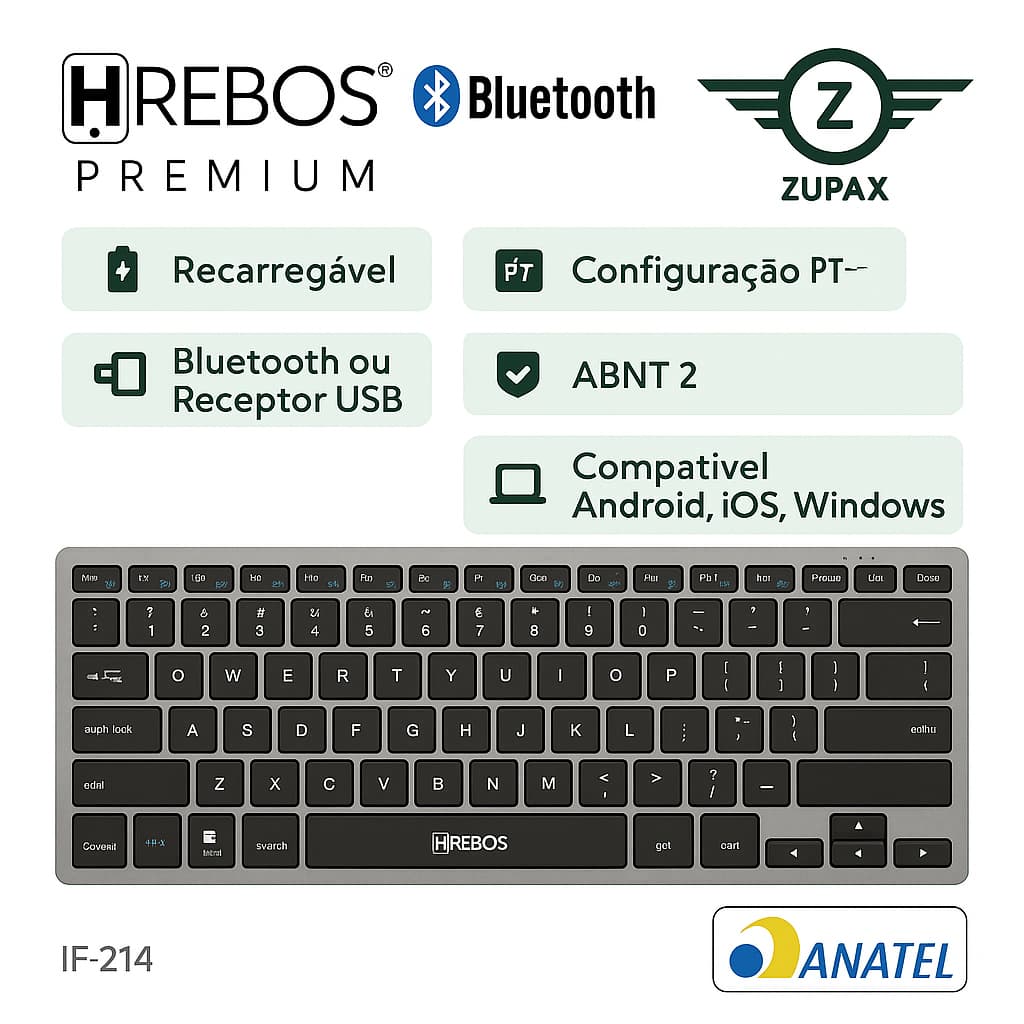 Teclado Wireless Bluetooth Recarregável | Multiuso Celular, Tablet e PC | Android, iOS, Windows, Mac