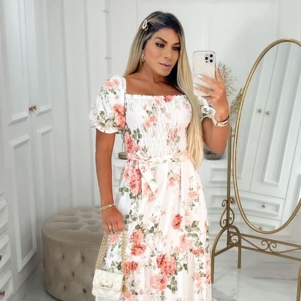 Vestido Feminino Mídi Manga Princesa Estampado Flor moda Evangélica Vestido Mídi Feminina Lastex Moda Evangélica Forrado