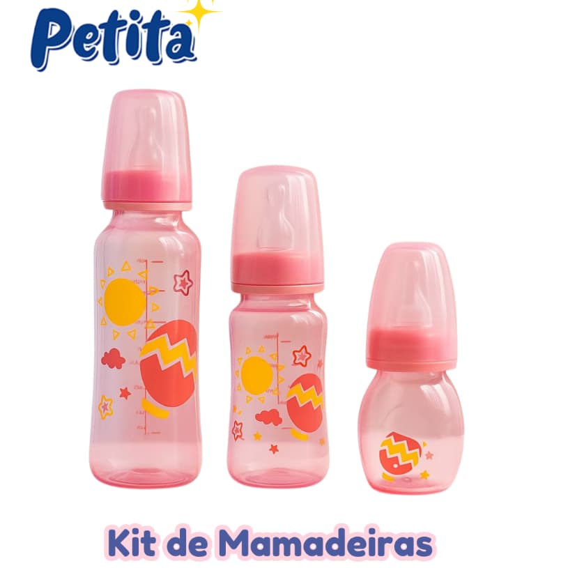 Kit de Mamadeiras Petita 3 Unid (60ml, 140ml, 240ml) | Bico Cristal Redondo | Livre de BPA | Mamadeira Bebê com Tampa