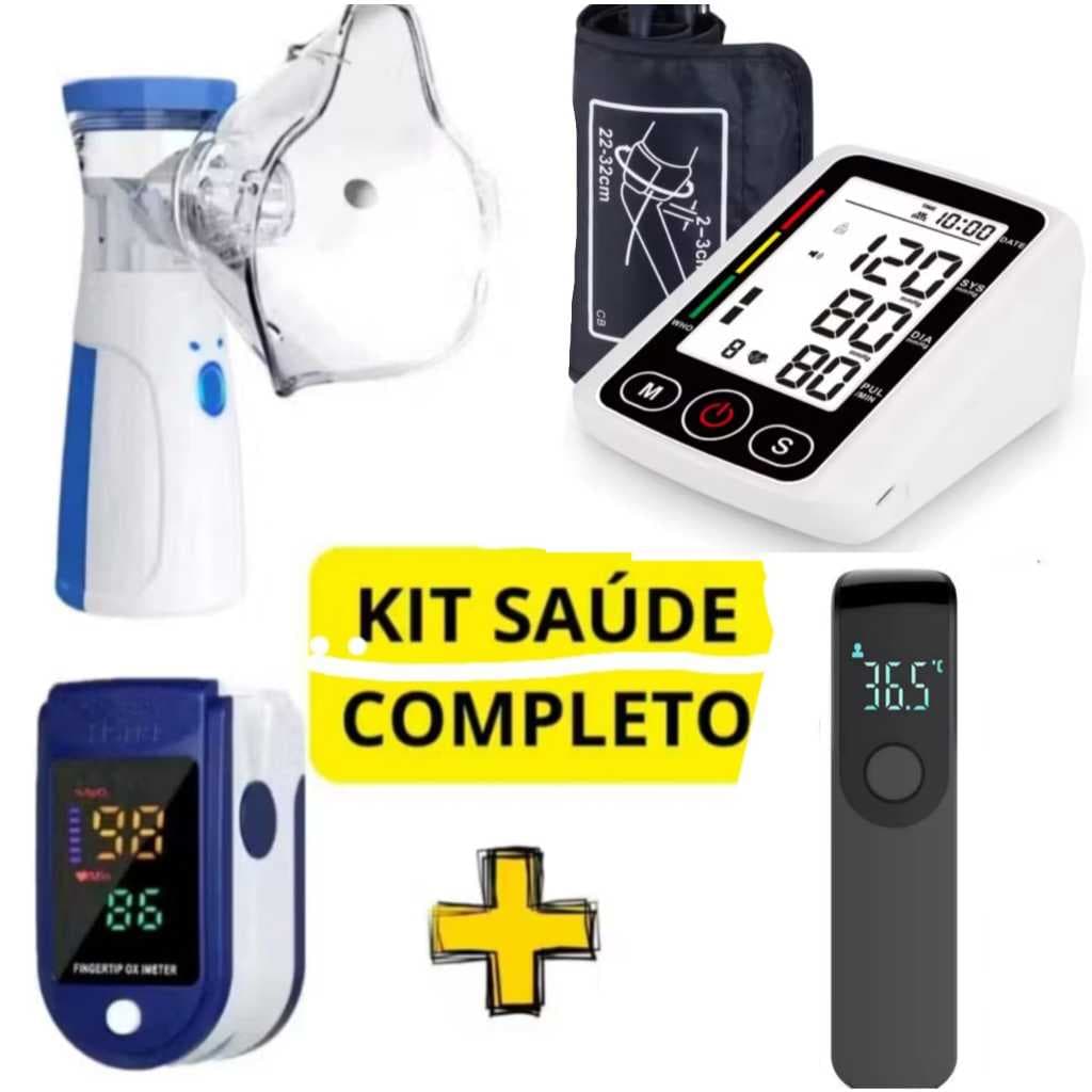 Kit Saúde Completo 4x1 Nebulizador, Termômetro  Digital Oximetro Medidor de Pressão Arterial