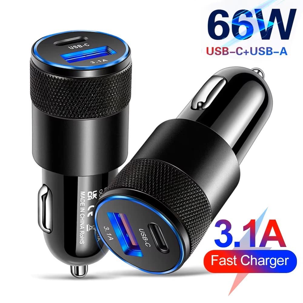 Carregador Veicular 66W Potência e Velocidade no Seu Carro - Tipo-C + USB