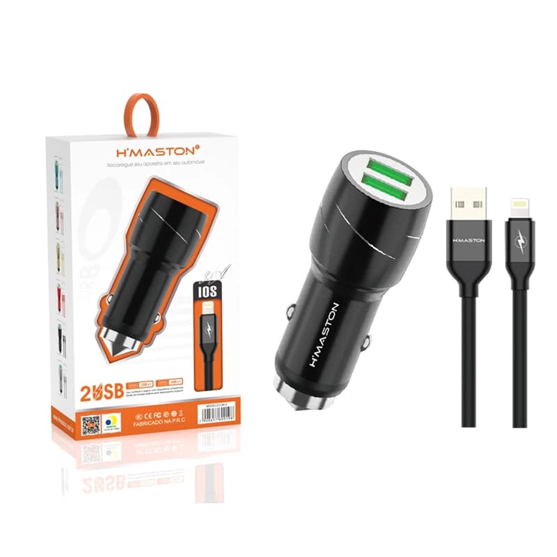 Carregador Veicular 2 USB 3.1A + Lightning e Tipo-C – Alta Carga, Universal para Celular, Carregamento Rápido Turbo