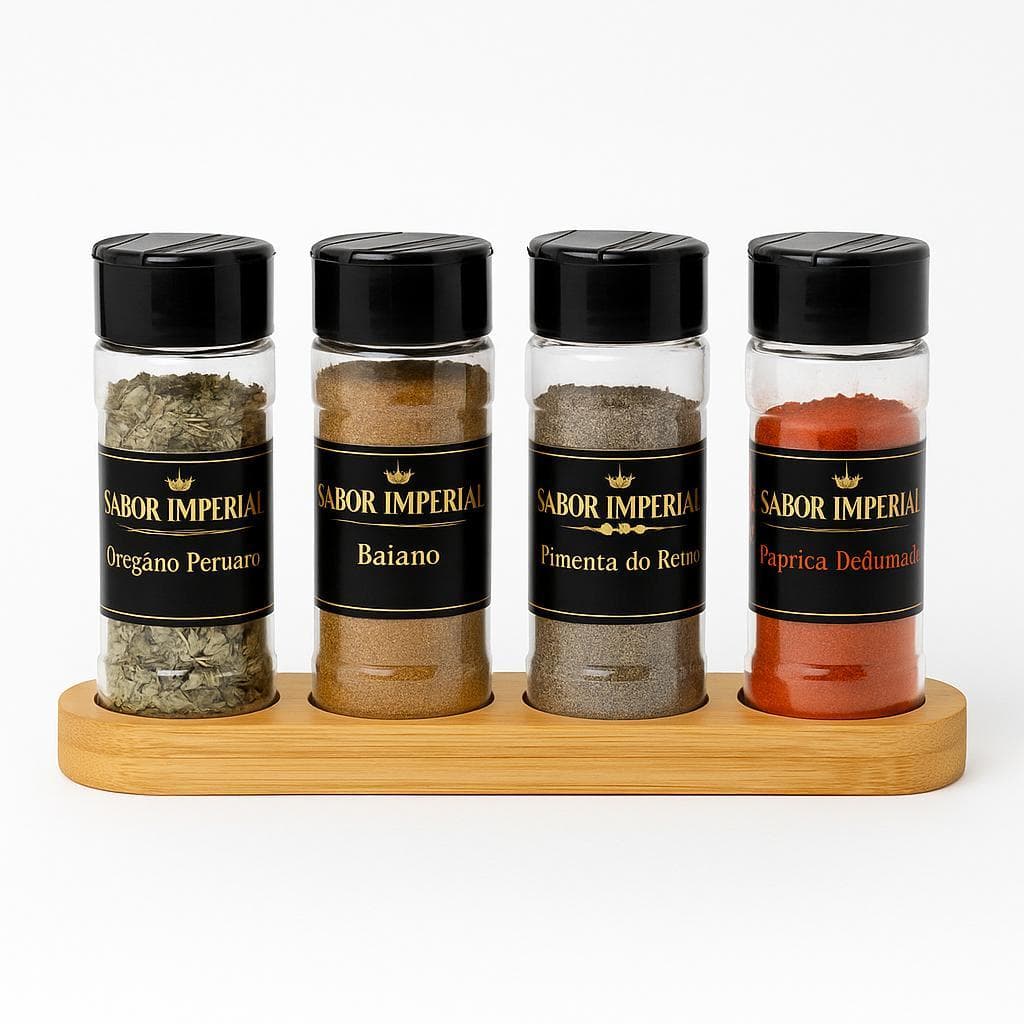 Kit 4 Temperos Condimentos No Pote De 100ml + Suporte Organizador Em Bambu