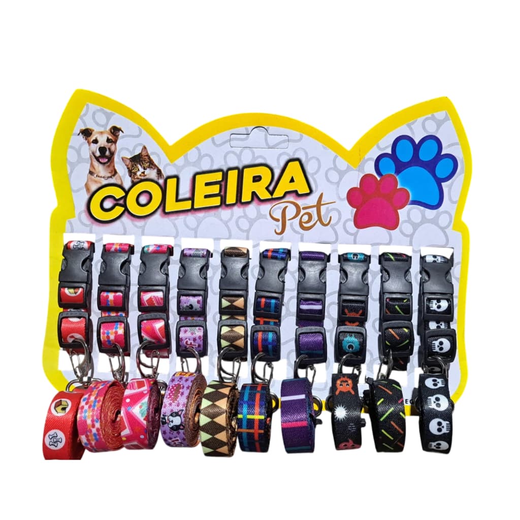 Coleira para cães porte pequeno  c/ guia cartela c/ 10 coleiras Estampada
