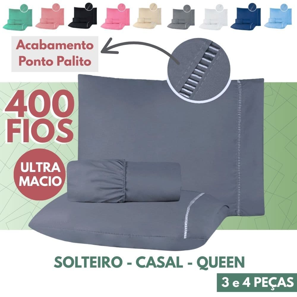 Kit Jogo de Lençol 04 Peças 400 Fios Solteiro,  Casal e Queen Micropercal Acabamento Ponto Palito