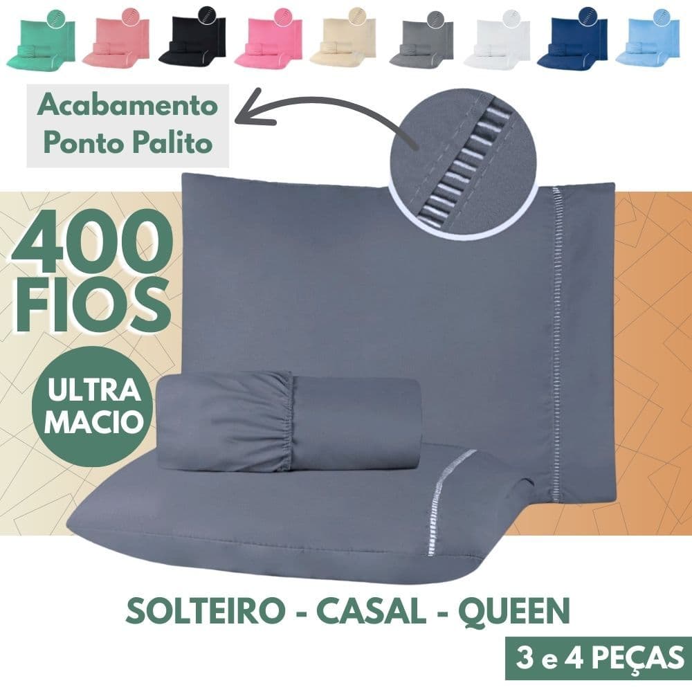 Jogo de Lençol 400 Fios Micropercal Acetinado  - Kit 04 Peças com Elástico - Solteiro, Casal e Queen