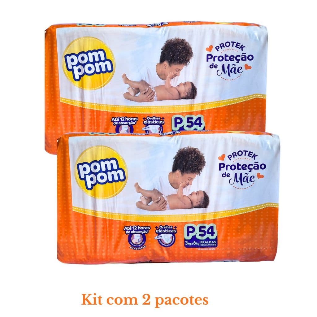 Kit 2  Pacotes Fraldas Pom Pom Protek P 54un Cada Total 108 Fraldas Proteção de Mãe