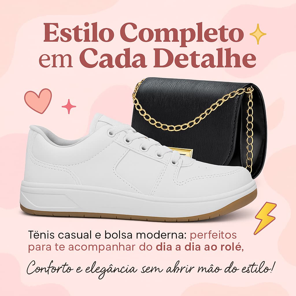 Tênis Casual Branco Feminino Wit Shoes Básico Confortável Dia A Dia Sola Reta Academia + Bolsa Pequena