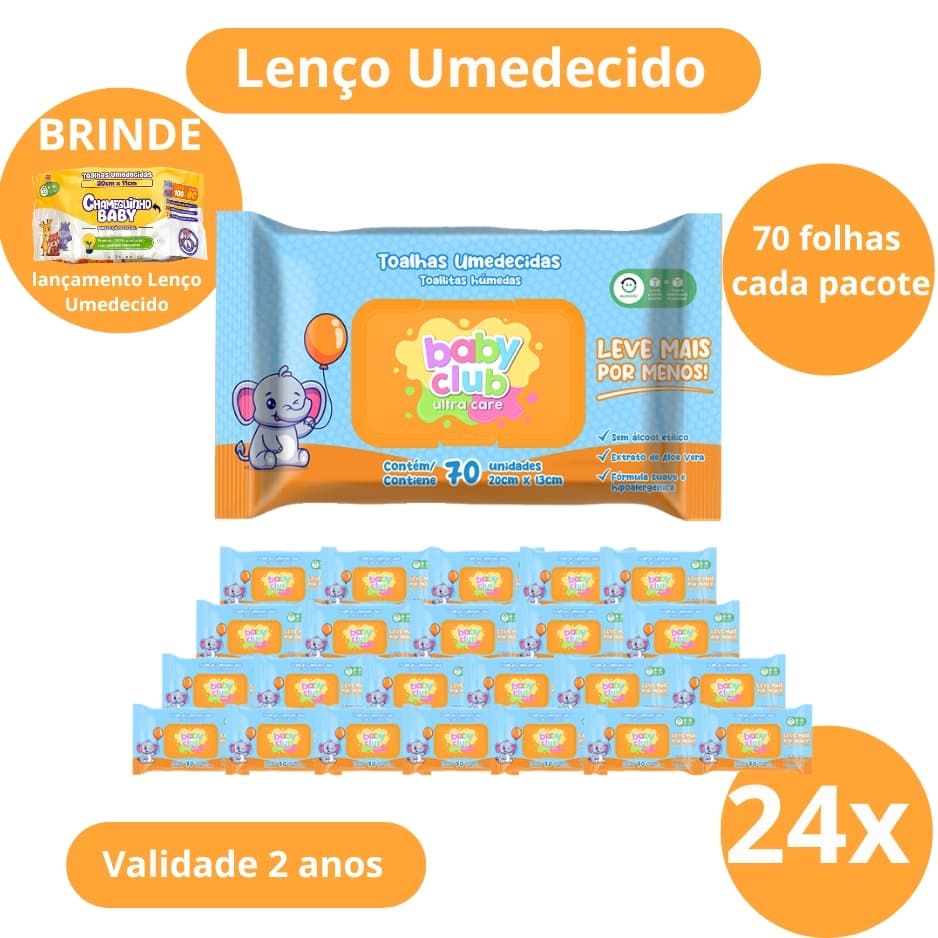 24 Pacotes Toalha Umedecida Tradicional 70 fls Baby Club