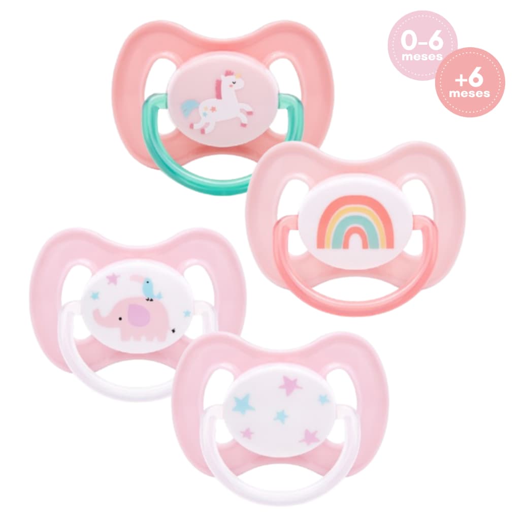 Kit Chupetas Buba Menina Comfort Bico Simétrico Silicone Ultra Soft 0-6/+6 Meses Rosa com alça 2 Un