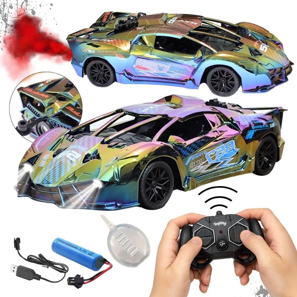 Super Carrinho de Controle Remoto Solta Fumaça Corrida 2.4Ghz Colorido Carro Cromado Led Com Farol