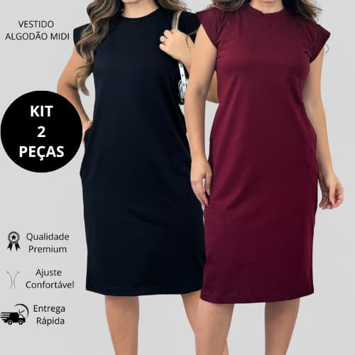 Kit 2 ou 1 Vestido Feminino 100% Algodão Premium Manga Curta Super Confortável